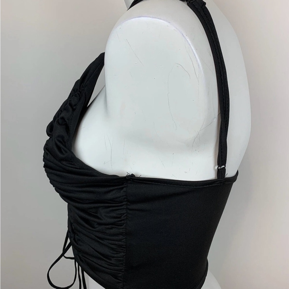 SHEIN Black V-Neck Ruched Lace-Up Crop Top- S - Picture 4 of 11